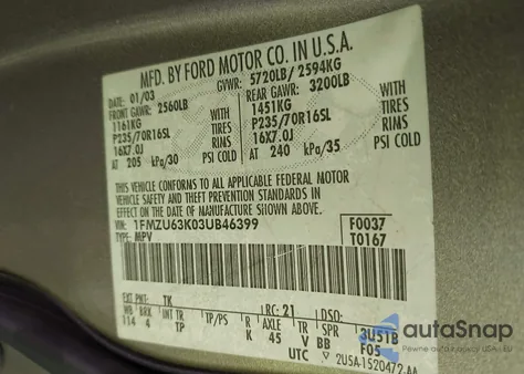 2003 Ford Explorer Nbx/Xlt из США, поврежденный, VIN 1FMZU63K03UB46399